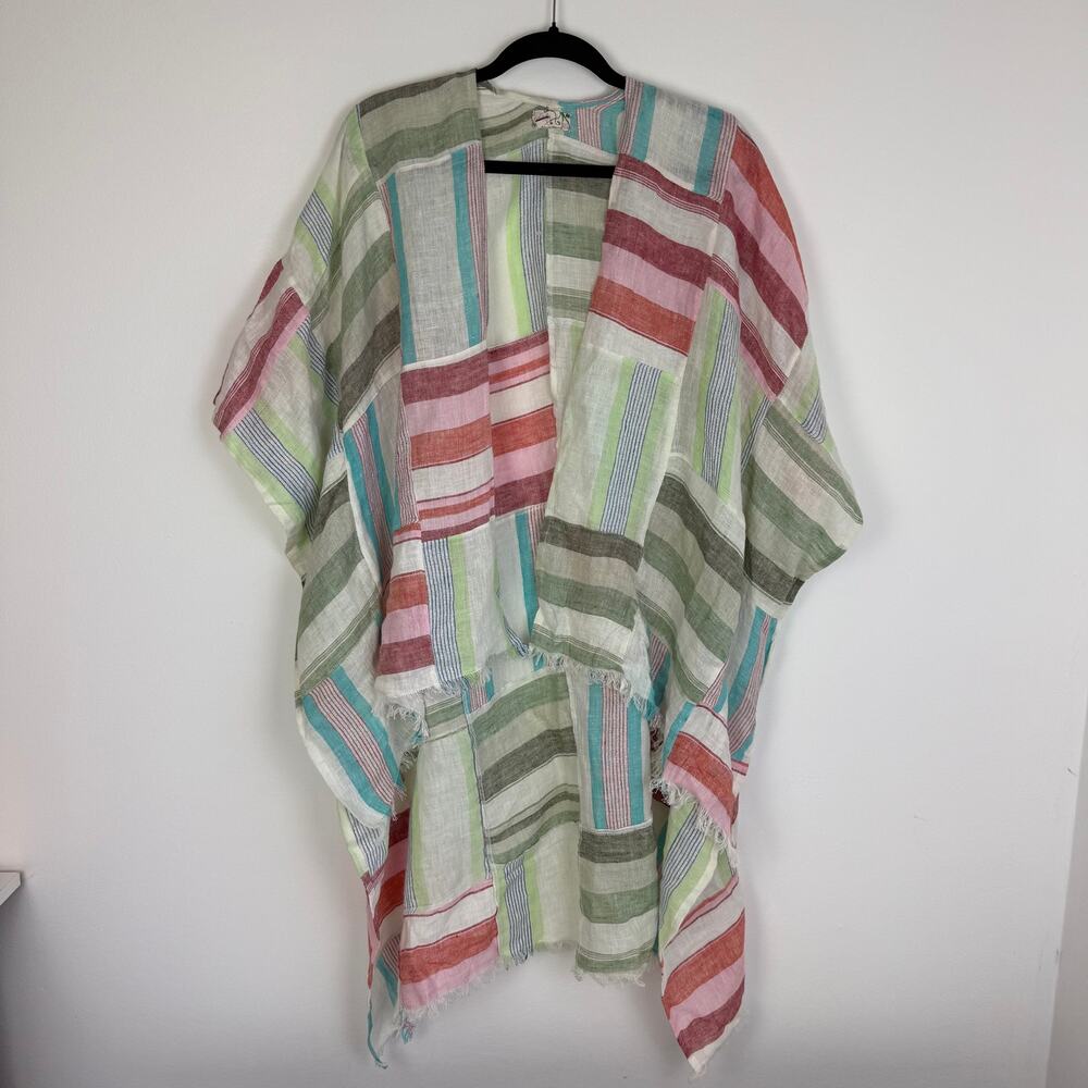 Free People Womens Sail Away Stripe Patchwork Linen Long Coverup Cardigan OS